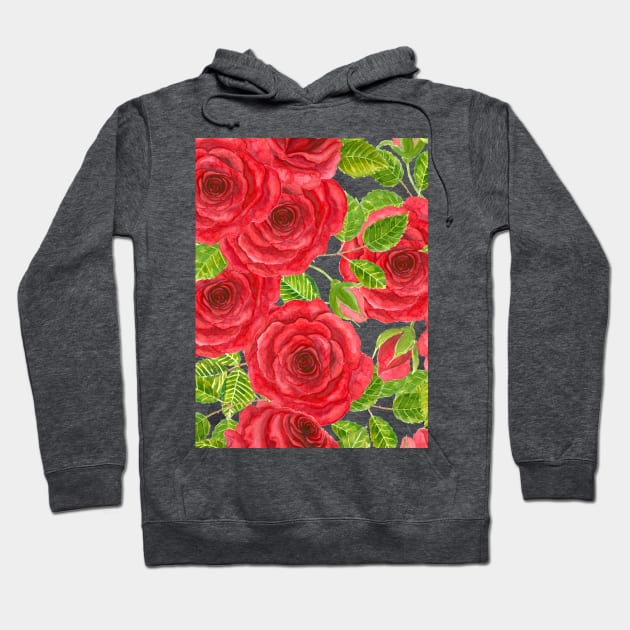 Red watercolor roses with leaves and buds pattern Hoodie by katerinamk